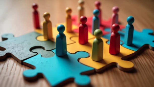 Connected jigsaw with character pieces, represented connectedness and togetherness